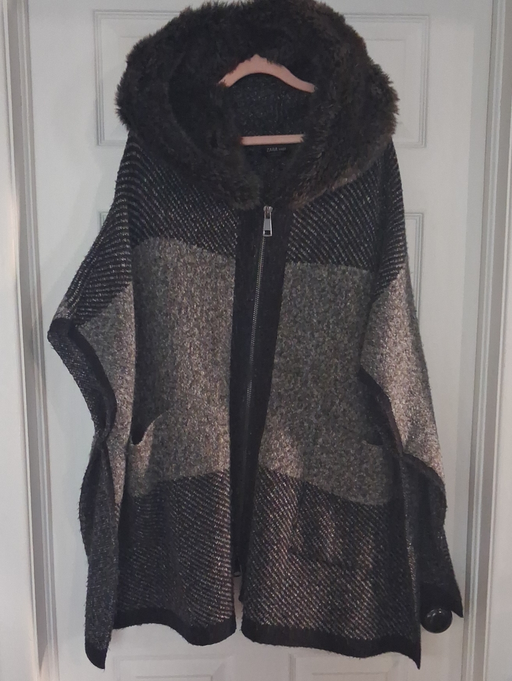 Zara Black and Gray Hooded Zip-Up Knit Poncho